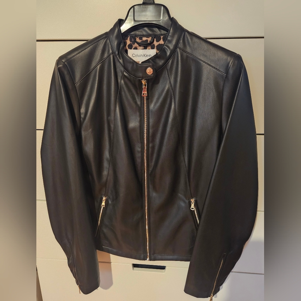 Calvin Klein Black Vegan Leather Jacket with Zip-Up Design and Modern Style